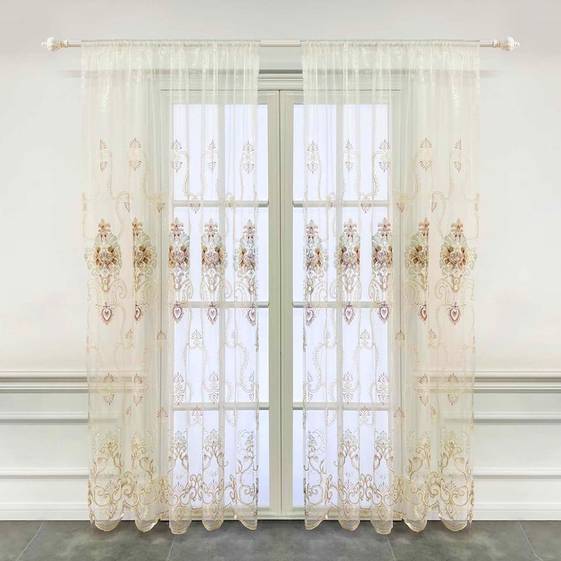 WPKIRA Exquisite European Embroidered Floral Sheer Curtains Rod Pocket Transparent Voile Window Treatment Drapes for Living Room/Hall/Villa Room Decoration Tulle Curtain 1 Panel W40 x L96 inch - Image 2